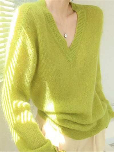 2023. Ženski moher džemper dugih rukava s V izrezom Preveliki izdubljeni pleteni puloveri Mekana tanka ženska odjeća Topovi od pletiva Jumpe