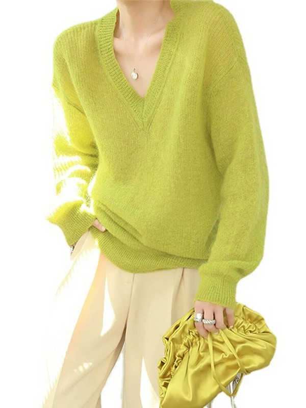 2023. Ženski moher džemper dugih rukava s V izrezom Preveliki izdubljeni pleteni puloveri Mekana tanka ženska odjeća Topovi od pletiva Jumpe