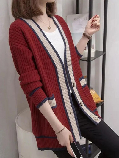 Vintage elegantný jednoradový pletený kardigan pre ženy, ležérny voľný dlhý rukáv, mäkké topy, nové univerzálne streetwear svetre