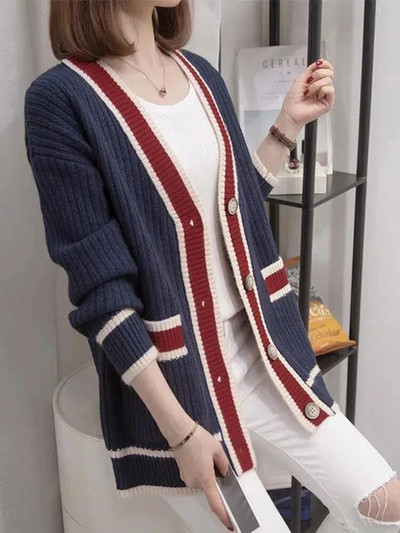 Vintage elegantný jednoradový pletený kardigan pre ženy, ležérny voľný dlhý rukáv, mäkké topy, nové univerzálne streetwear svetre