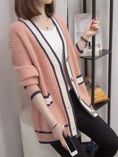 Vintage elegantný jednoradový pletený kardigan pre ženy, ležérny voľný dlhý rukáv, mäkké topy, nové univerzálne streetwear svetre