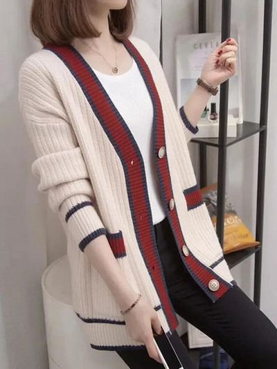 Vintage elegantný jednoradový pletený kardigan pre ženy, ležérny voľný dlhý rukáv, mäkké topy, nové univerzálne streetwear svetre