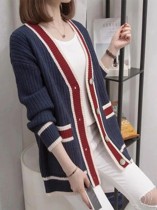 Vintage elegantný jednoradový pletený kardigan pre ženy, ležérny voľný dlhý rukáv, mäkké topy, nové univerzálne streetwear svetre