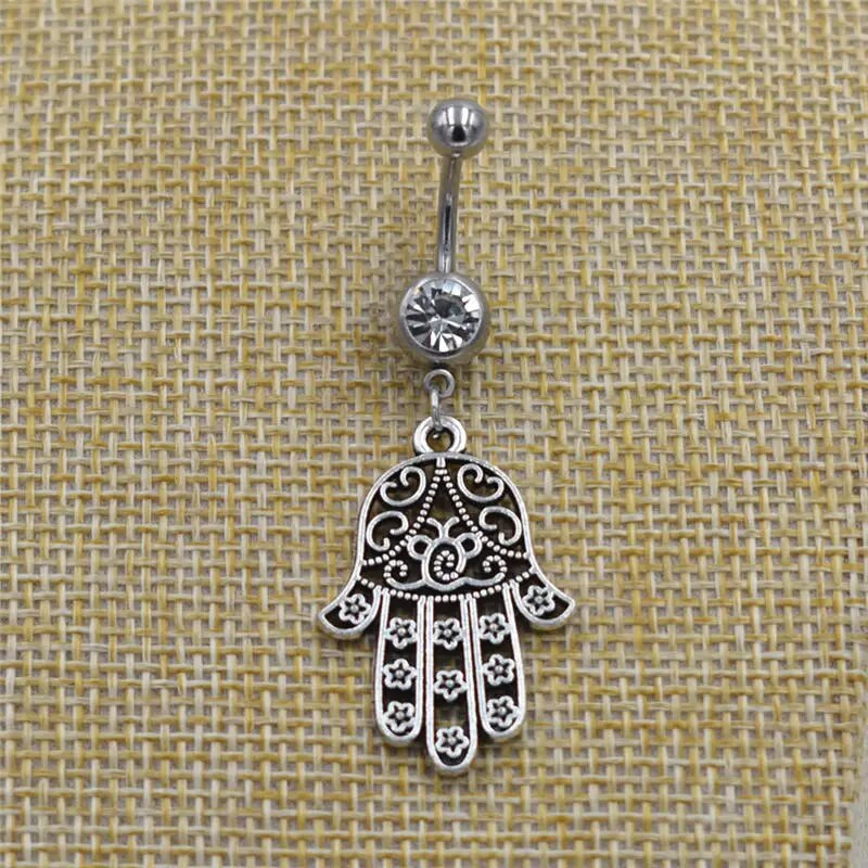 Jauns Fatima Hand Hamsa kulons kristāla vēdera nabas gredzens, netīrs tērauda, karājas nabas stieņa pīrsings sievietēm unikāli ķermeņa rotaslietas