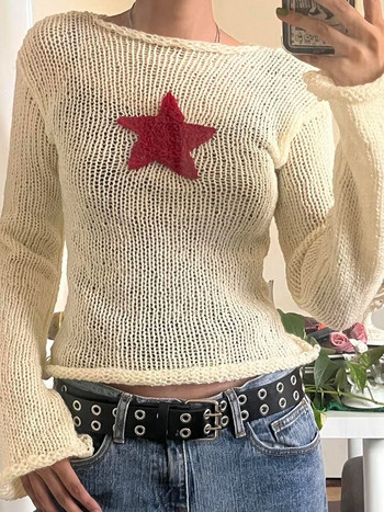 Weekeep y2k пуловер Дамски сладък трикотаж със звездни шевове Ретро пуловери с дълги ръкави с издълбани пуловери Дамски джъмпер Fairycore Ретро