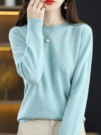 Основен стил Женски пуловер от 100% мериносова вълна Дамски пуловер Трикотаж с дълъг ръкав и О-образно деколте Кашмирени горнища Дрехи