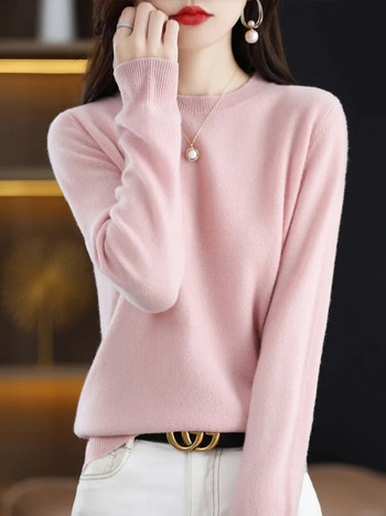 Основен стил Женски пуловер от 100% мериносова вълна Дамски пуловер Трикотаж с дълъг ръкав и О-образно деколте Кашмирени горнища Дрехи