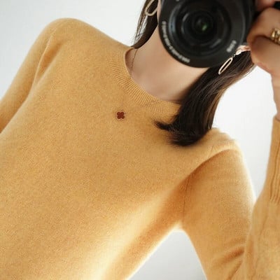 Põhistiilis naiste 100% meriinovillane kampsun, naiste pulover, pikkade varrukatega O-kaelusega kudum Kašmiirtopsid, riided