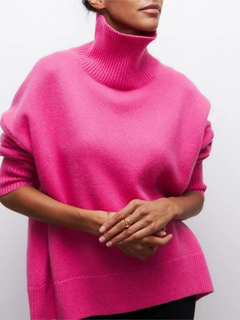 Дамски пуловер с висока яка, плътен, елегантен, топъл, плетен пуловер с дълъг ръкав, изрязани пуловери, ежедневни плетива, кашмирен пуловер
