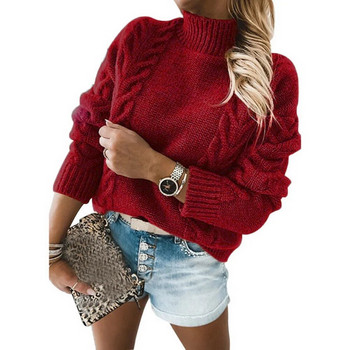 Нов дамски есенно-зимен едноцветен ежедневен пуловер с високо деколте и дълги ръкави