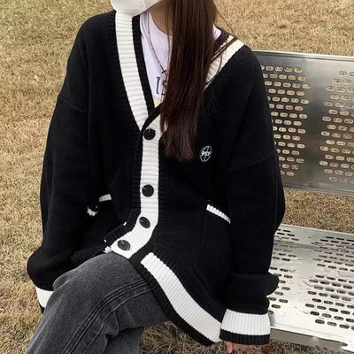 Sieviešu trikotāžas džemperis ar V kakla izgriezumu Sieviešu vintage Houndstooth trikotāžas džemperi ar garām piedurknēm Modes rudens lielizmēra džemperi