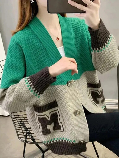 Vintage Splices Πουλόβερ ζακέτα Γυναικεία γράμματα στάμπα Λεπτό πλεκτό παλτό Casual μαλακό πλεκτό Gilet με λαιμόκοψη σε V μπλούζες Malhas Abrigos