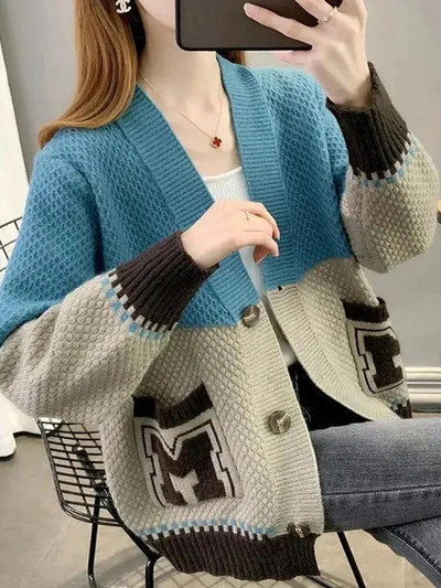 Vintage Splices Πουλόβερ ζακέτα Γυναικεία γράμματα στάμπα Λεπτό πλεκτό παλτό Casual μαλακό πλεκτό Gilet με λαιμόκοψη σε V μπλούζες Malhas Abrigos