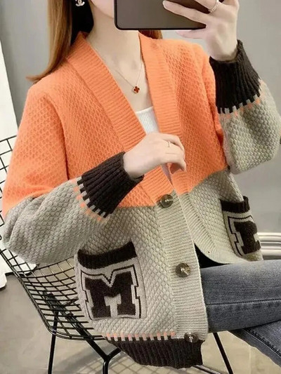 Vintage Splices Πουλόβερ ζακέτα Γυναικεία γράμματα στάμπα Λεπτό πλεκτό παλτό Casual μαλακό πλεκτό Gilet με λαιμόκοψη σε V μπλούζες Malhas Abrigos