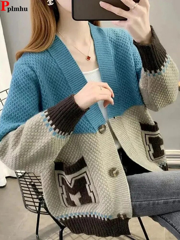 Vintage Splices Πουλόβερ ζακέτα Γυναικεία γράμματα στάμπα Λεπτό πλεκτό παλτό Casual μαλακό πλεκτό Gilet με λαιμόκοψη σε V μπλούζες Malhas Abrigos