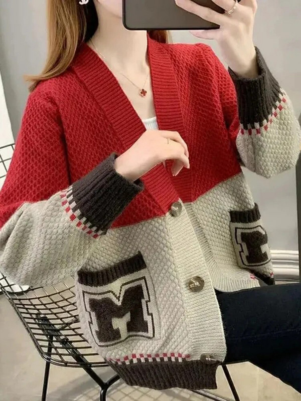 Vintage Splices Πουλόβερ ζακέτα Γυναικεία γράμματα στάμπα Λεπτό πλεκτό παλτό Casual μαλακό πλεκτό Gilet με λαιμόκοψη σε V μπλούζες Malhas Abrigos