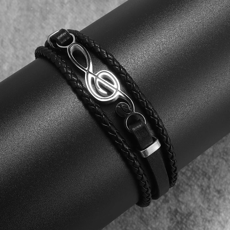Klasična kožna narukvica Crna višeslojna pletena užad Gitara Visoki ključ Note Nakit Narukvica Rođendanski dar za oca muškaraca