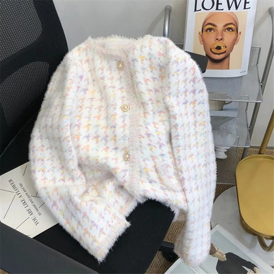 Imitācija ūdeļu džemperis jaciņš Sieviešu korejiešu tievs plīša adīts O veida kakla īsie topi Ikdienas trikotāžas žaketes Mīkstas Malhas mēteļi