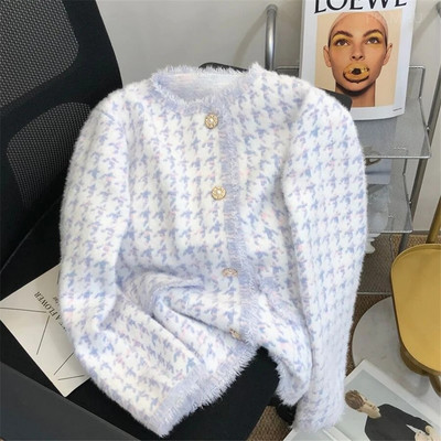 Imitācija ūdeļu džemperis jaciņš Sieviešu korejiešu tievs plīša adīts O veida kakla īsie topi Ikdienas trikotāžas žaketes Mīkstas Malhas mēteļi