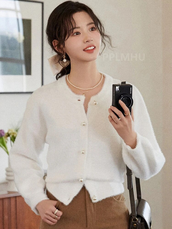 Naaritsa imitatsioon kampsun kardigan naiste korea õhuke plüüsis kootud O-kaelusega lühikesed topid vabaaja kudumid jakid pehmed Malhas mantlid