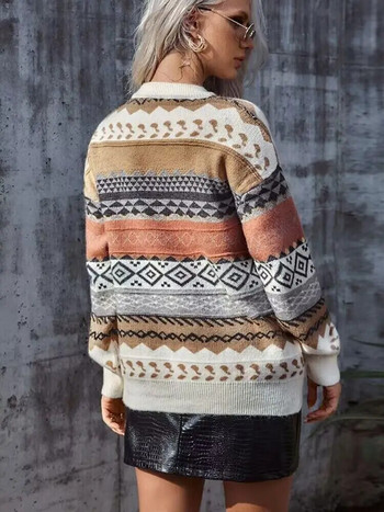 Дамски ретро плетени пуловери на райета, горнища с дълъг ръкав за жени, ежедневни пуловери с О-образно деколте, зимни дрехи за жени, ново 2023 г.