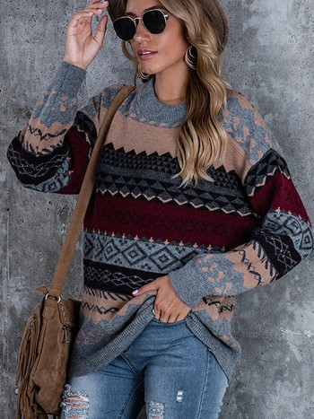 Дамски ретро плетени пуловери на райета, горнища с дълъг ръкав за жени, ежедневни пуловери с О-образно деколте, зимни дрехи за жени, ново 2023 г.