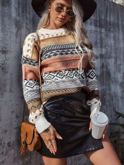 Sieviešu vintage svītraini trikotāžas džemperi, sieviešu topi ar garām piedurknēm, ikdienas džemperi ar O veida kakla izgriezumu, ziemas apģērbi sievietēm, jauni 2023. g.