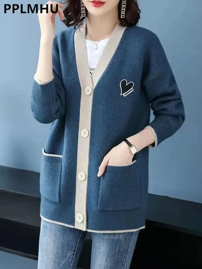 Korejski pleteni kardigan kaputi srednje dužine Ženske ležerne široke pletene jakne Elegantni pulover Gilet Jesen Zima Mekane Malhas Casaco