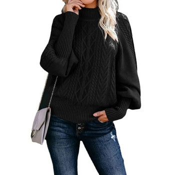 Нов зимен пуловер със средно деколте Дамски свободен плетен едноцветен пуловер с дълъг ръкав