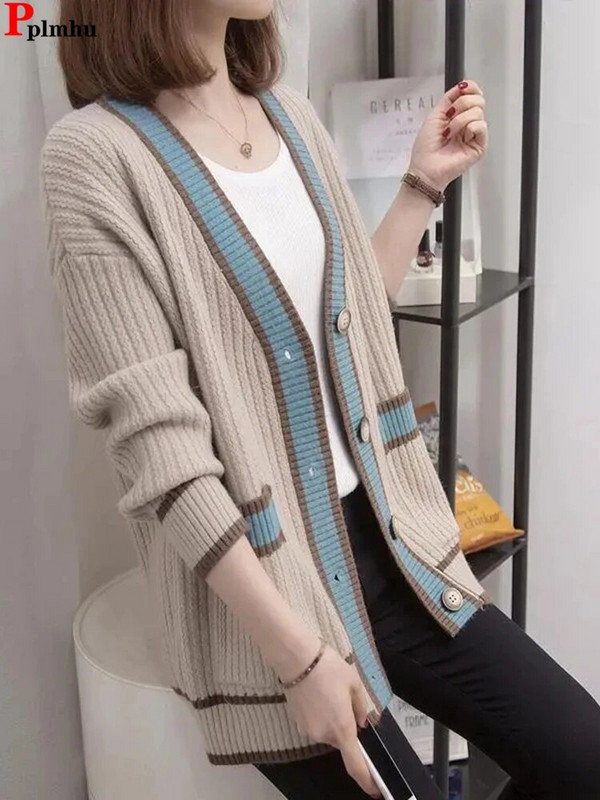 Корейски пуловер Жилетка Якета Дамски меки плетени палта Ежедневни свободни средна дължина Malhas Gilet Есен Зима Трикотаж Casaco