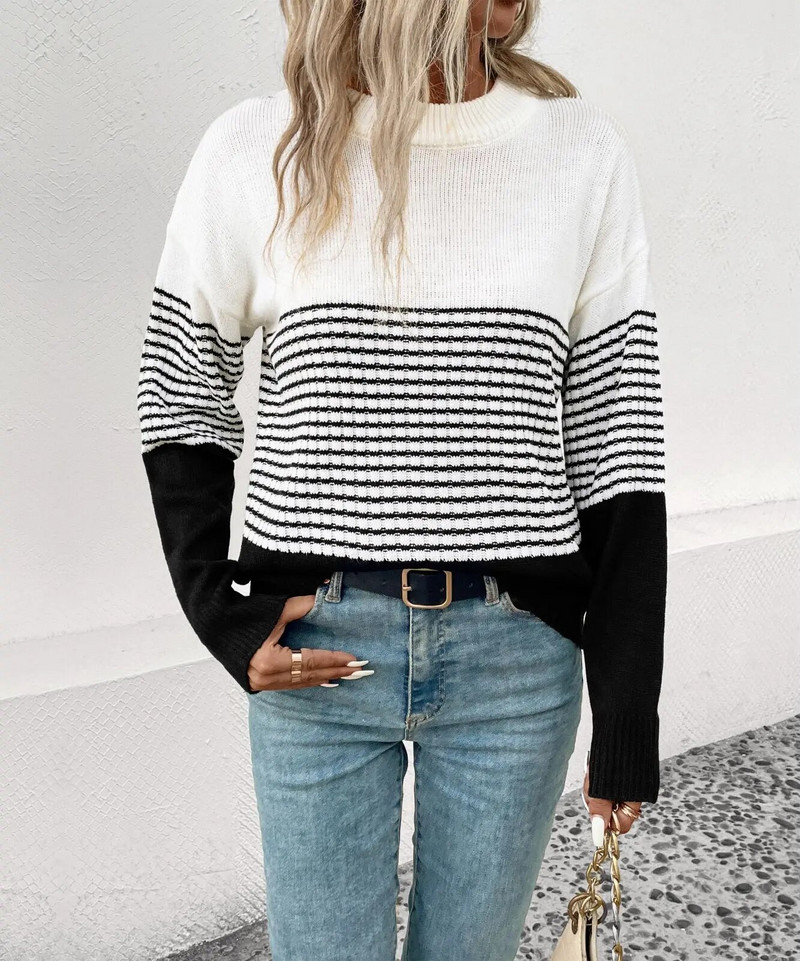 2023. gada rudens un ziemas jauns sieviešu svītru krāsas džemperis