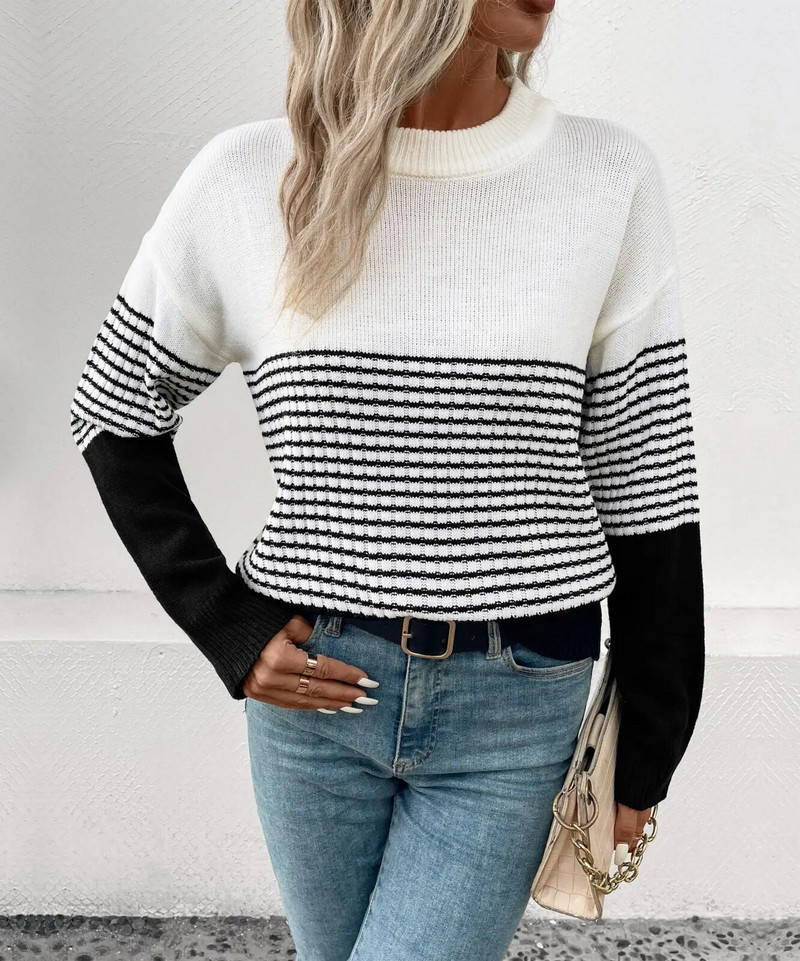 2023. gada rudens un ziemas jauns sieviešu svītru krāsas džemperis