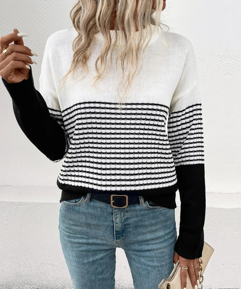 2023. gada rudens un ziemas jauns sieviešu svītru krāsas džemperis