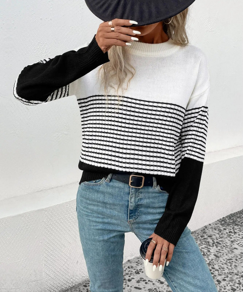 2023. gada rudens un ziemas jauns sieviešu svītru krāsas džemperis