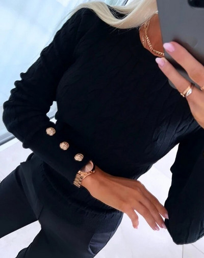 Rudens un ziemas sieviešu trikotāžas džemperi, 2023. gada jauns ar O veida kakla izgriezumu, garām piedurknēm, pogām, pīts trikotāžas džemperis ar garām piedurknēm, džemperi