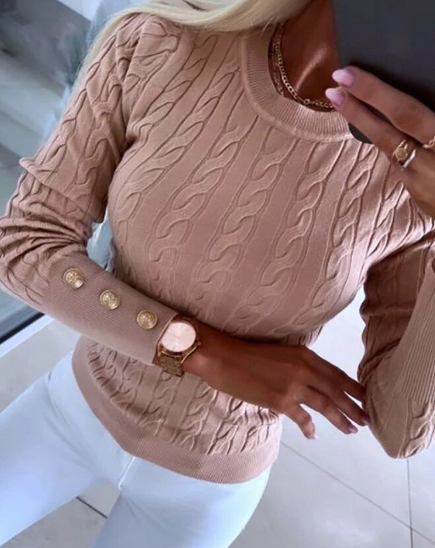 Rudens un ziemas sieviešu trikotāžas džemperi, 2023. gada jauns ar O veida kakla izgriezumu, garām piedurknēm, pogām, pīts trikotāžas džemperis ar garām piedurknēm, džemperi