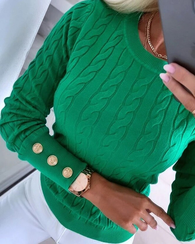 Rudens un ziemas sieviešu trikotāžas džemperi, 2023. gada jauns ar O veida kakla izgriezumu, garām piedurknēm, pogām, pīts trikotāžas džemperis ar garām piedurknēm, džemperi