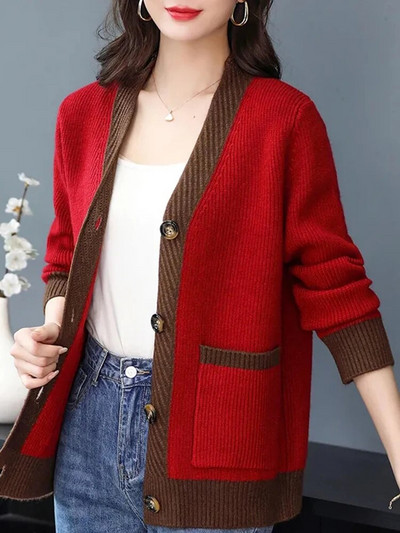 Elegants mammas džemperis Jacekts ikdienišķs brīvs korejiešu trikotāžas jaciņa mēteļi, jauni sieviešu rudens ziemas trikotāžas apģērbi, topi ar vienrindām