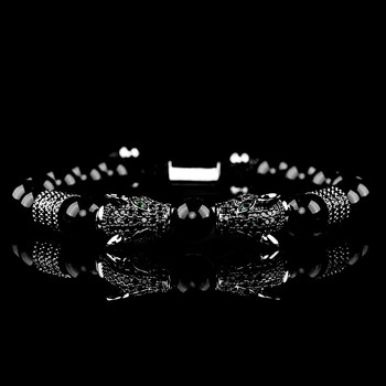 Класическа ръчно изработена плетена гривна Хип-хоп мъже Pave CZ Леопардова глава Черен ахат Гривна с римски цифри Бижута от неръждаема стомана