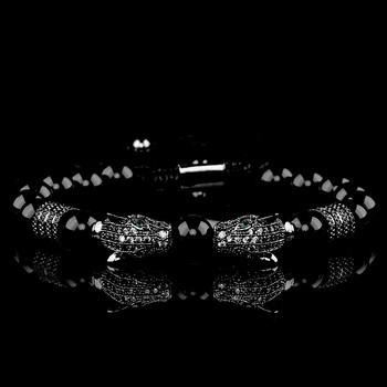 Класическа ръчно изработена плетена гривна Хип-хоп мъже Pave CZ Леопардова глава Черен ахат Гривна с римски цифри Бижута от неръждаема стомана