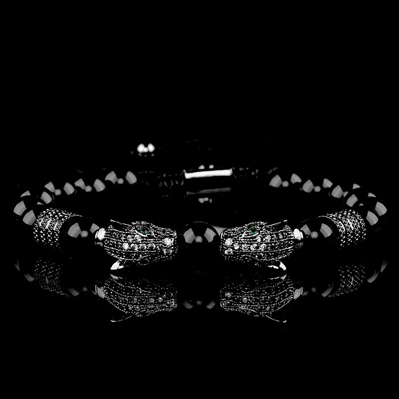 Klasiska ar rokām darināta pinuma rokassprādze Hip Hop vīriešiem Pave CZ Leoparda galva, melna ahāts, romiešu cipari aproce nerūsējošā tērauda rotaslietas