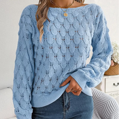 Rudens un ziemas sieviešu džemperis, vienkrāsains, izliekts, vienā līnijā kakla izgriezums, laterna ar garām piedurknēm, džemperis, trikotāžas topi