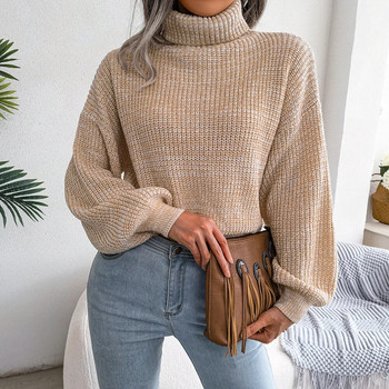 Плетен пуловер с висока яка, дамски ежедневни пуловери с дълъг ръкав за есен зима 2023 г.
