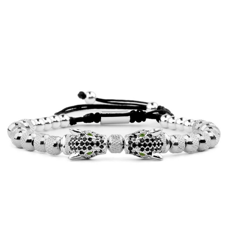 Klasiska ar rokām darināta pinuma rokassprādze Hip Hop vīriešiem Pave CZ Leopard Head Romas cipariem aproce nerūsējošā tērauda rotaslietas