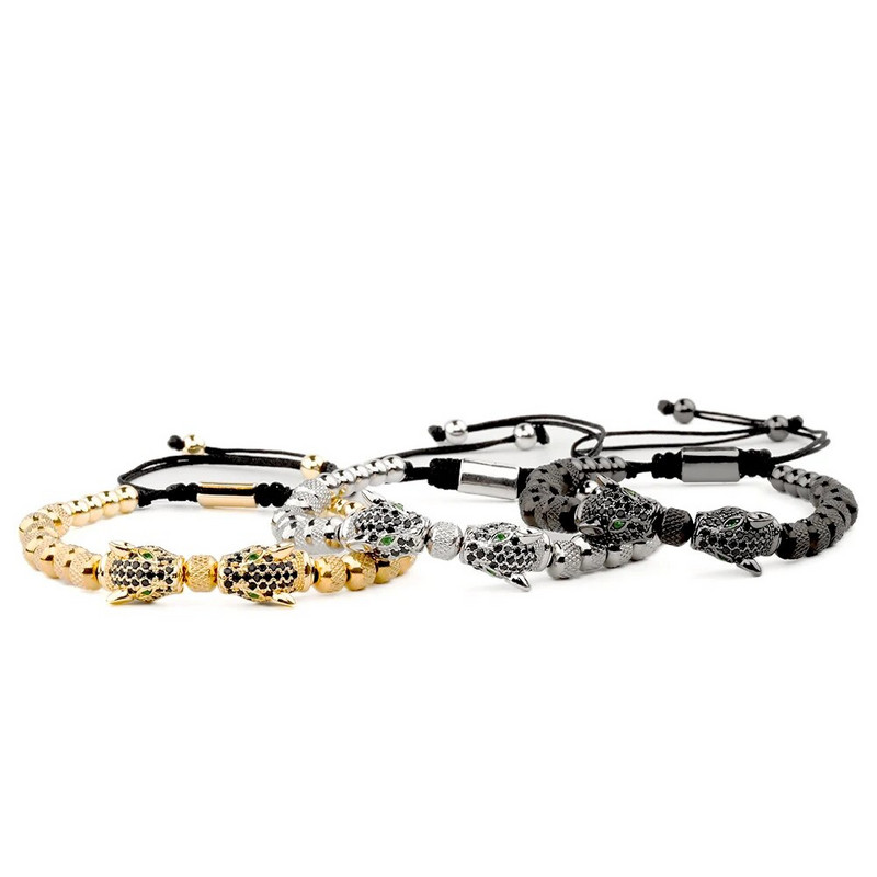 Klasiska ar rokām darināta pinuma rokassprādze Hip Hop vīriešiem Pave CZ Leopard Head Romas cipariem aproce nerūsējošā tērauda rotaslietas