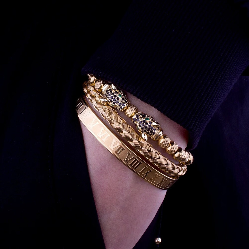 Klasiska ar rokām darināta pinuma rokassprādze Hip Hop vīriešiem Pave CZ Leopard Head Romas cipariem aproce nerūsējošā tērauda rotaslietas