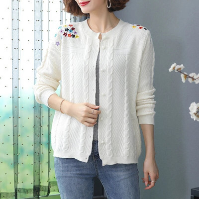 Retro izšūts ziedu trikotāžas jakas jakas Sieviešu ikdienas plāns džemperis Īsi mēteļi Eleganti liela izmēra trikotāža Gilet Malhas topi