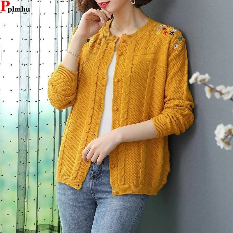 Retro izšūts ziedu trikotāžas jakas jakas Sieviešu ikdienas plāns džemperis Īsi mēteļi Eleganti liela izmēra trikotāža Gilet Malhas topi