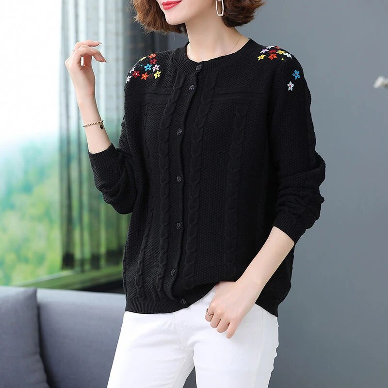 Retro izšūts ziedu trikotāžas jakas jakas Sieviešu ikdienas plāns džemperis Īsi mēteļi Eleganti liela izmēra trikotāža Gilet Malhas topi