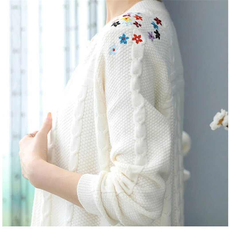 Retro izšūts ziedu trikotāžas jakas jakas Sieviešu ikdienas plāns džemperis Īsi mēteļi Eleganti liela izmēra trikotāža Gilet Malhas topi